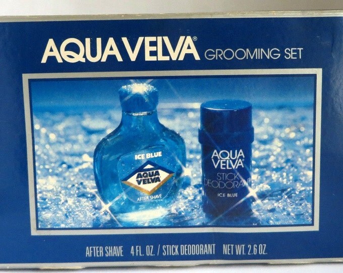 Vintage AQUA VELVA Grooming Set, Ice Blue After Shave and Stick Deodorant, 1980s, Unopened
