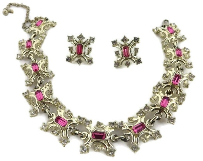 Pink Rhinestone Jewelry Set - Vintage Duane Necklace, Earrings Set, Silver Tone Demi Parure, Holiday Gift