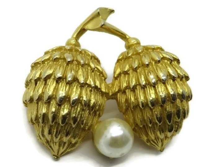 Hattie Carnegie Gold Tone Pine Cone Faux Pearl Brooch