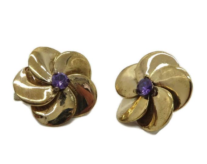 Vintage Sterling Silver Pansy Earrings | Vintage Faux Amethyst Flower Earrings | Huggie Pierced Earrings