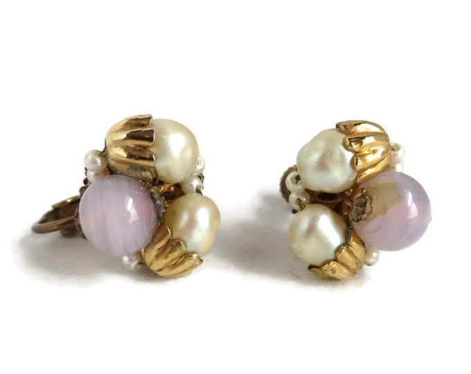 Vintage MIRIAM HASKELL Faux Pearl and Purple Bead Earrings, Clip-on Screwback Cluster Earrings