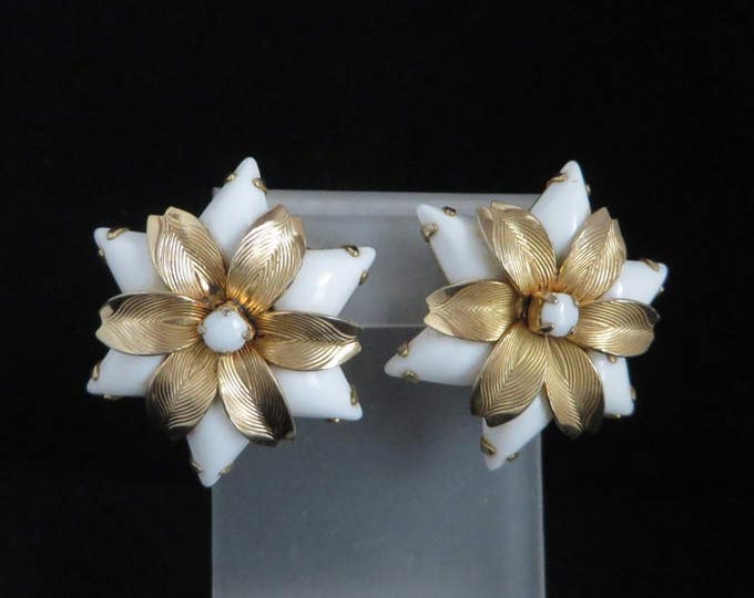 Weiss Glass Earrings, Vintage White and Gold Flower Earrings, Signed Weiss Clip-on Earrings