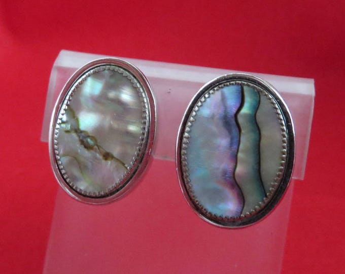 Whiting and Davis Abalone Earrings, Vintage Silvertone Oval Designer Signed Clip on Earrings