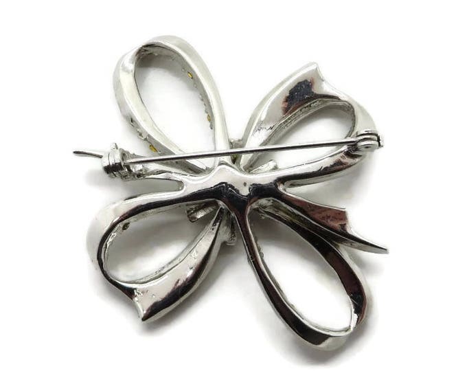 Rhinestone Bow Brooch - Vintage Estate Silver Tone Costume Jewelry Gift Brooch