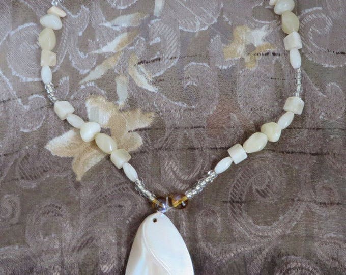 Vintage Shell Pendant Necklace Mother of Pearl, Abalone Beaded Necklace Costume Jewelry Gift Idea