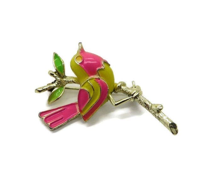 Bright Enamel Bird Brooch, Vintage Yellow, Green, Pink Figural Gold Tone Pin