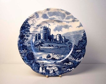 Vintage Johnson Brothers Stoke on Trent Made in England Romantic 'Castle Story' Blue and White Transferware Ironstone Lunch Plate