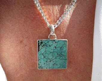 Heavy Turquoise and Sterling Silver Pendant and Necklace