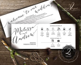 Printable Wedding Weekend Timeline (t0100) Wedding Itineraries, with welcome note for Welcome Bags in typography theme theme