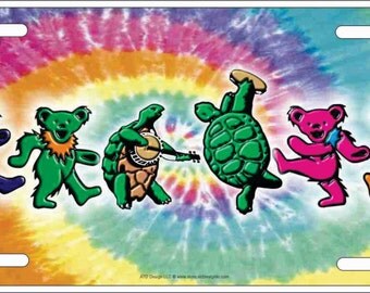 Dancing Terrapin Turtles and Iko Bears on a tie dye background personalized customized novelty Grateful Dead front license plate