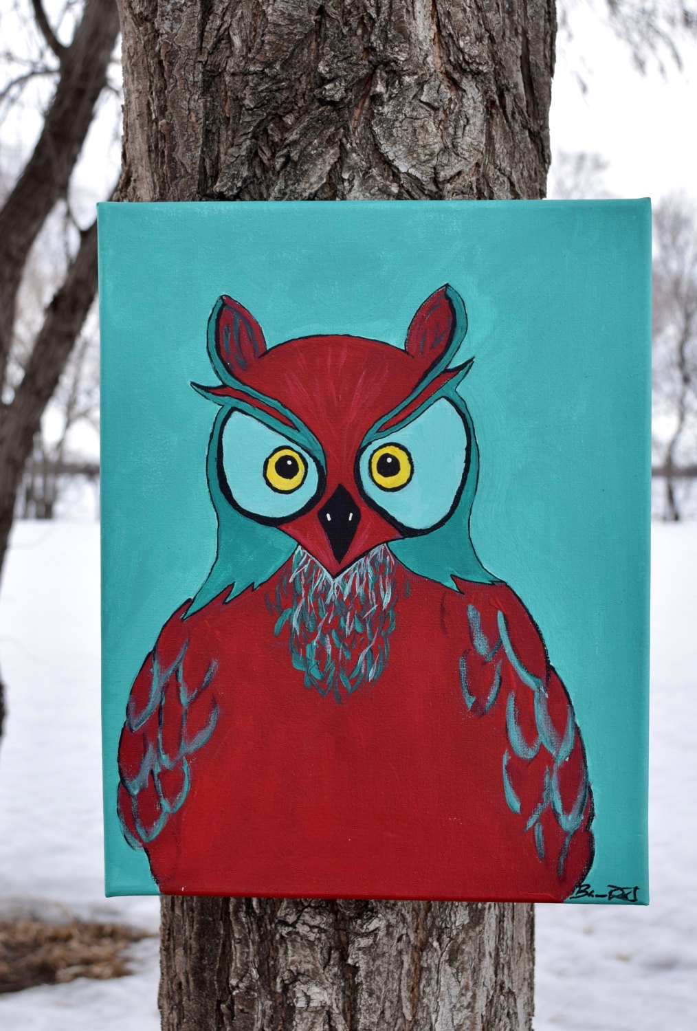 Horned Owl painting Teal Owl red night owl whimsical animal