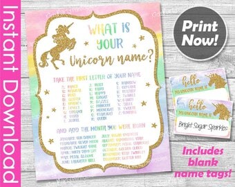 Unicorn Party Games Sign, Unicorn Name INSTANT DOWNLOAD Game PRINTABLES include Name Label Tags, Birthday Party Decorations, Rainbow Party