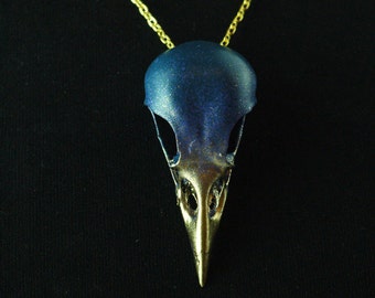 painted Real bird skull necklace in striking fjord blue, lilac and gold jackdaw taxidermy steampunk elegant chainmaille silver necklace