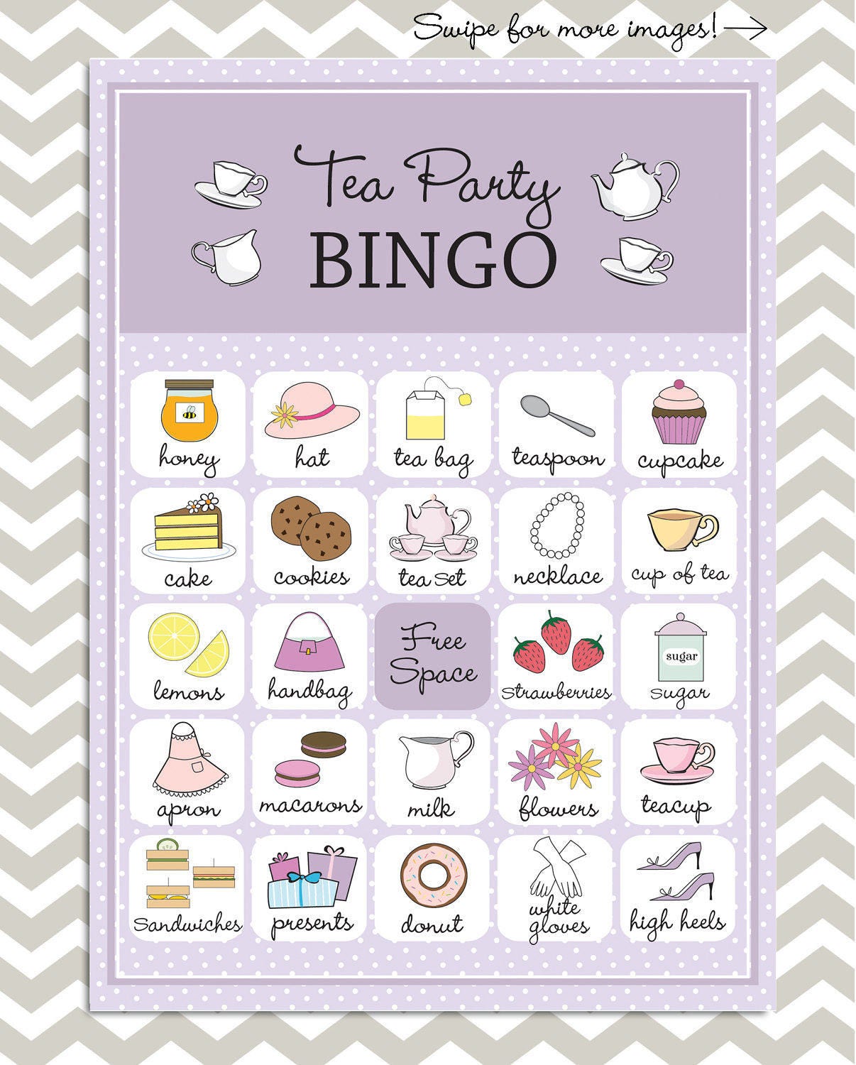 tea party bingo in purple 20 unique game cards printable