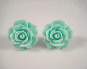 Mint Green Rose Post Earrings Flower Jewelry Studs