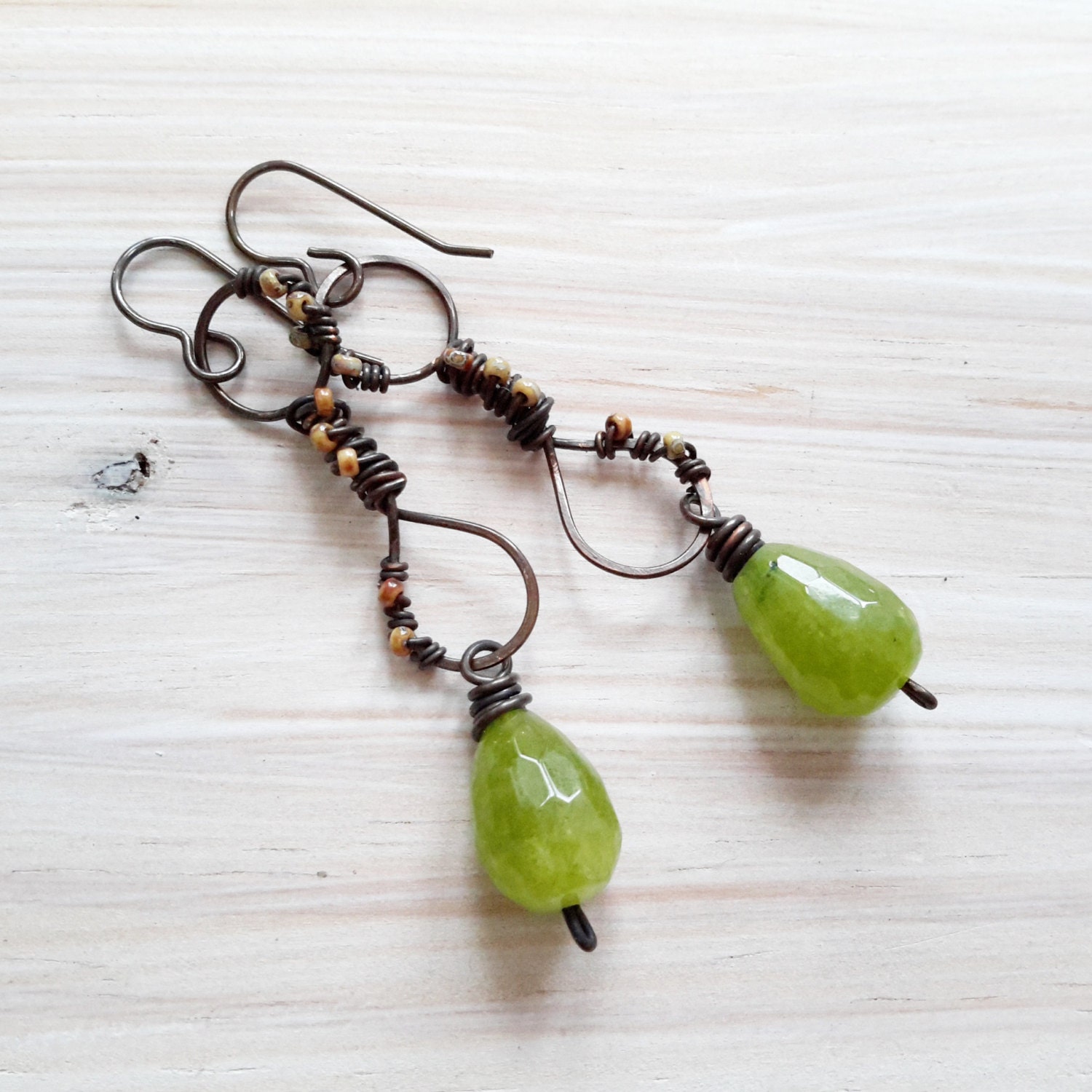 Jade and copper earrings wire wrapped earrings statement