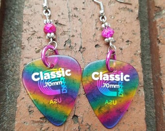 Upcycled Rainbow Guitar Pick Drop Earrings with Pink Crystal Beads