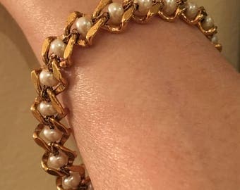 Napier Vintage 1970's Gold and Pearl Bracelet