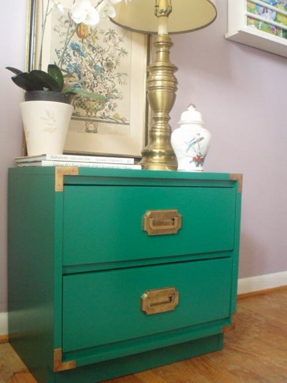 Campaign nightstand 2 drawer Brass hardware finished in Kelly