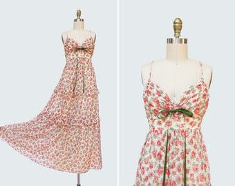 1970s Rose Colored Glasses Dress { XS } Vintage 70s Lace Floral Print Maxi
