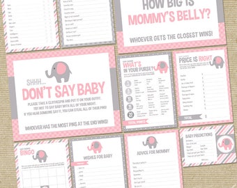 Pink Elephant Baby Shower Games Package - Printable Game Cards - Funny Baby Games - Baby Girl - Pink and Gray Baby Shower Activities