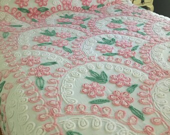 Vintage Cottage Chic Chenille Bedspread Pink and White Loop Hearts with Pink and White Flower Bouquets
