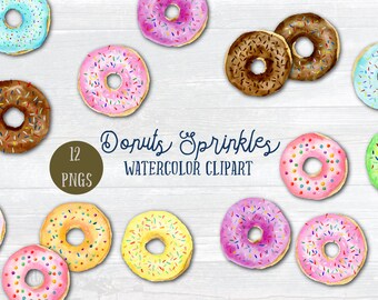 Watercolor Clipart Donut Sprinkles - pastel color donuts, chocolate donuts, donuts sprinkles and pattern for instant download scrapbook