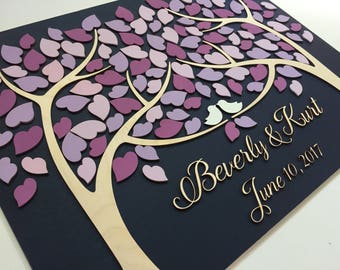 Wedding Guest Book Alternative 3D Guestbook Wood Tree of Hearts Two Families Become One Purple Violet Lavender Wedding Custom Made Gift