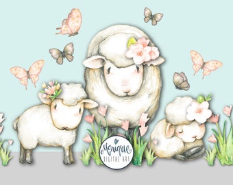 Sheep clipart, sheep watercolor, farm animals, painted, floral, planner stickers, etsy shop resources, planner pages, cute sheep, invitation