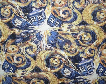 Fabric - Dr Who gold swirl tardis cotton print - woven cotton