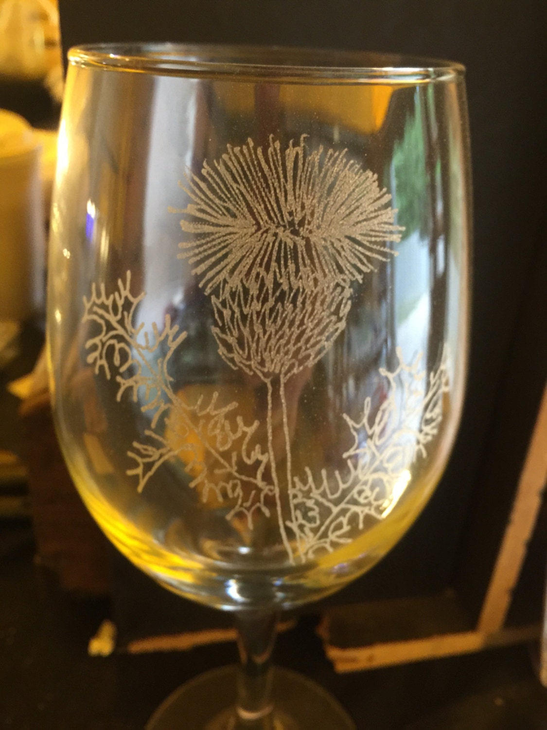 Scottish thistle flower hand etched wine glass Scottish