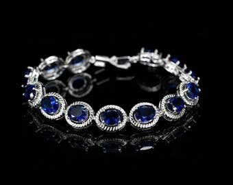 Blue oval cz bracelet, Sapphire Blue cubic zirconia bracelet, blue bridesmaid bracelet, luxury bridal jewelry