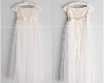 Tulle Flower Girl Dress, Lace Top Flower Girl Dress, Floor Length Flower Girl Dress, Lace Tulle Girl Dress, Tutu Skirt, HandMade in the USA