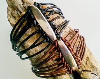 Black leather cuff bracelet for woman, multi string bracelet with large silver bead, boho, best friend bracelet for 2, same sex couple gift