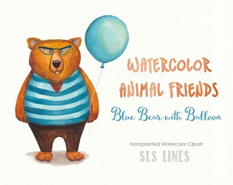 Cute teddy bear watercolor clipart, brown bear with balloon illustration, nursery graphics, shower clipart, animal clip art