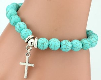 Turquoise Beaded Bracelet with Cross Charm