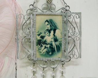 Vintage toleware photo window frame Virgin wall decor