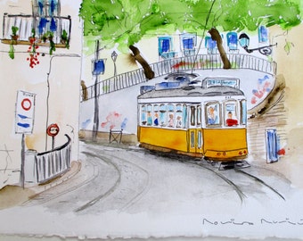 ETERNAL LISBON / unique original watercolor / Portugal / Lisbon tram