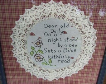 Old White Lace Doily,Religious Words,Gingham Fabric, French Blue Wood Frame, Bible,Religious