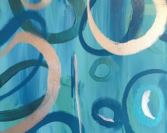 Original Abstract Painting, blues and silver