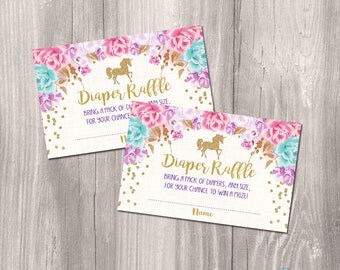 INSTANT DOWNLOAD - Diaper raffle cards, unicorn diaper raffle ticket, gold unicorn baby shower, Printable diaper raffle