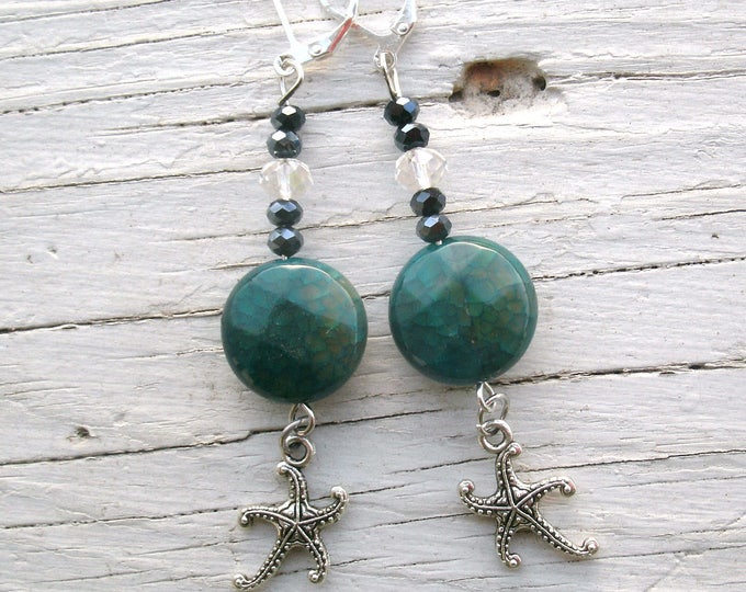 Starfish and Chrysocolla Agate earrings, faceted coin shaped beads, silver starfish charms, crystal beads, leverback wires, unique, beachy
