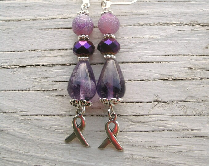 Amethyst Awareness Earrings, silver awareness charms, leverback earrings, Amethyst Teardrop beads, crystal beads, agate beads, purple