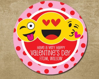 Valentine Emoji, Personalized Emoji Valentine's Day Gift Stickers, Kids Valentine's Stickers, Emoji Hearts