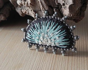 Embroidered Brooch Handmade Bead Pin Grey Felt Brooch Minimalistic Jewelry Seed Bead Brooch Handmade Brooch Beadwork Jewelry One of a kind