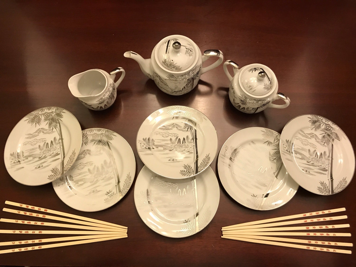 Vintage Asian Tea Set, Hayasi by Kutani Fine China, Mid Century Fine