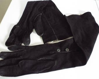 Vintage Ladies Gloves 1940's Black Fine Soft Suede Long Opera Gloves Buttons on Wrist size 6 1/2