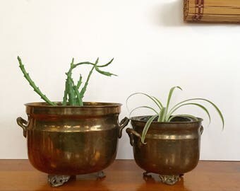 Vintage - Brass Planter Footed Handles Pair Made in India Boho Bohemian Home Decor