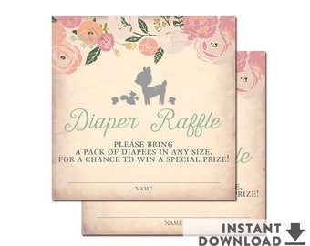 Girl Deer Baby Shower Diaper Raffle Tickets 3x3" Floral Woodland Baby Shower Printables // INSTANT DOWNLOAD // No.940BABY