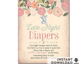 Late Night Diaper Thoughts Game Shabby Rose Pink Floral Baby Girl Elephant Baby Shower Games Printable (Instant Download) No.1460BABY